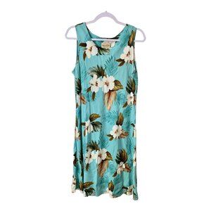Paradise Bay Blue Floral Tropical Sleeveless Midi Hawaiian Dress Size Large